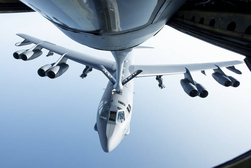 A U.S. Air Force B-52H Stratofortress flies below a KC-135 Stratotanker after receiving fuel above the Mediterranean Sea in support of a Bomber Task Force Europe mission, Sept. 16, 2020.