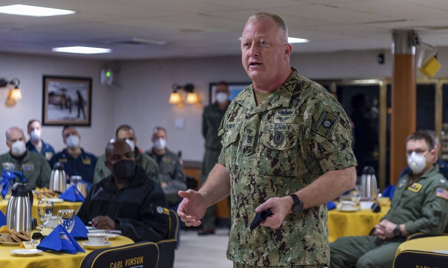 Fleet Master Chief Jim Honea addresses sailors assigned to Nimitz-class nuclear aircraft carrier USS Carl Vinson (CVN 70) on Feb. 8, 2021.