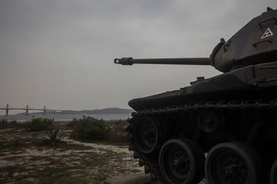 Tanks used by the Taiwan military are seen on display for tourists at a beach on April 8, 2023, in Kinmen, Taiwan.