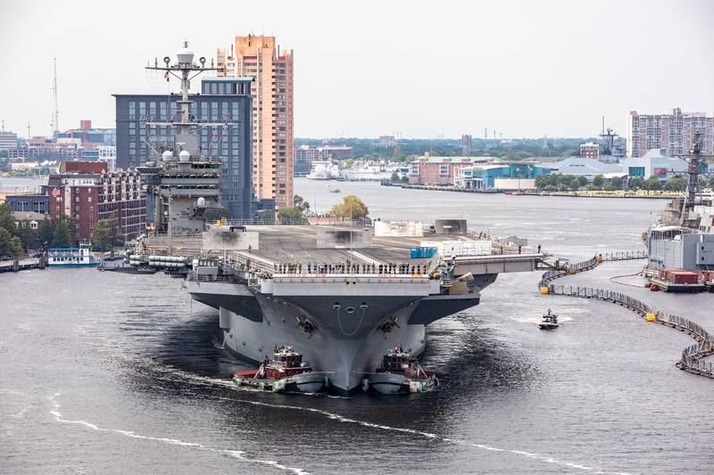 The aircraft carrier USS Harry S. Truman (CVN 75) arrives at Norfolk Naval Shipyard in Portsmouth, Va., July 7, 2020, for an extended carrier incremental availability.
