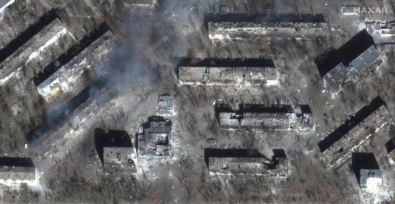 Satellite image shows devastation of residential apartment buildings in Mariupol, Ukraine, March 29, 2022.