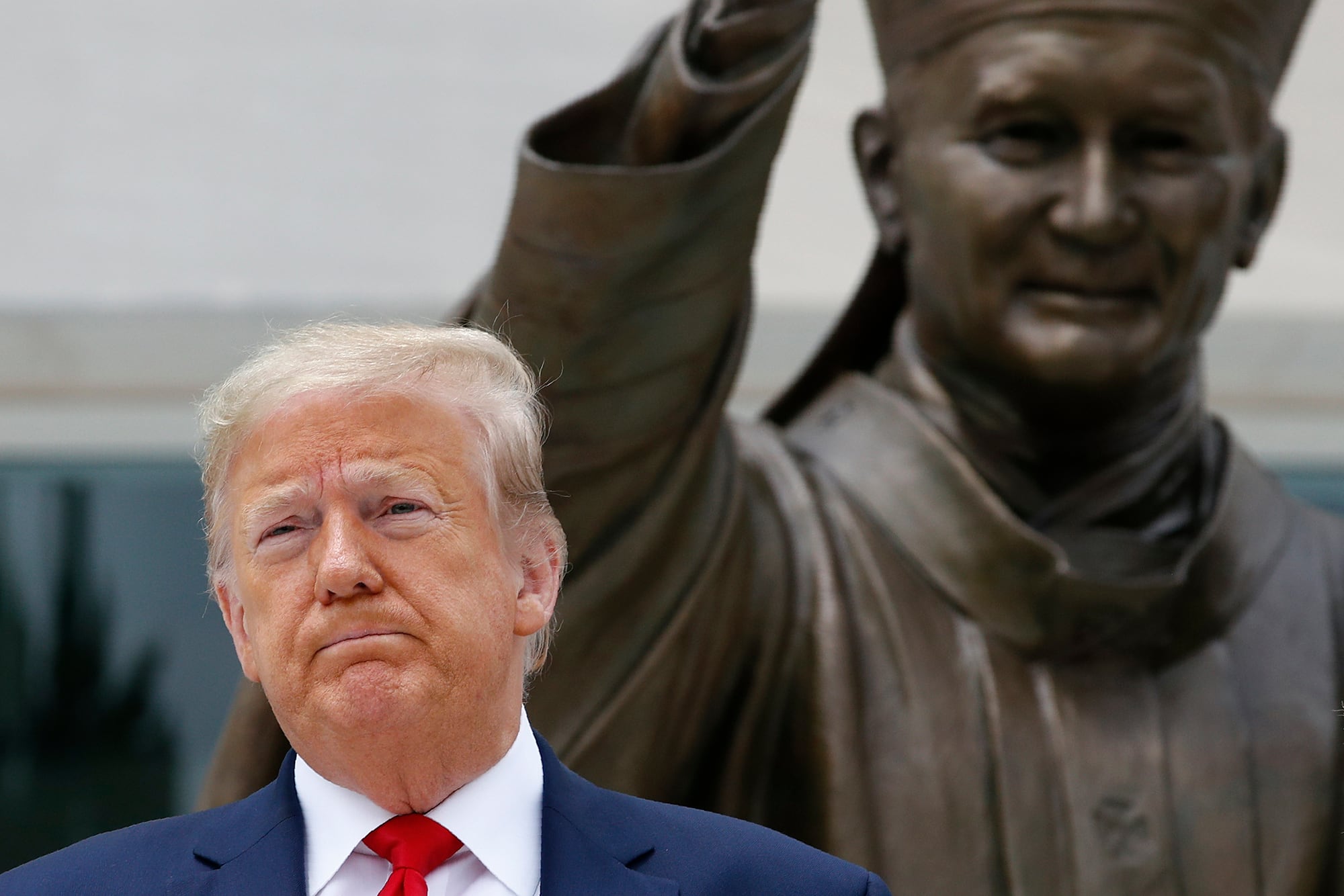 President Donald Trump visits Saint John Paul II National Shrine with first lady Melania Trump, Tuesday, June 2, 2020, in Washington.