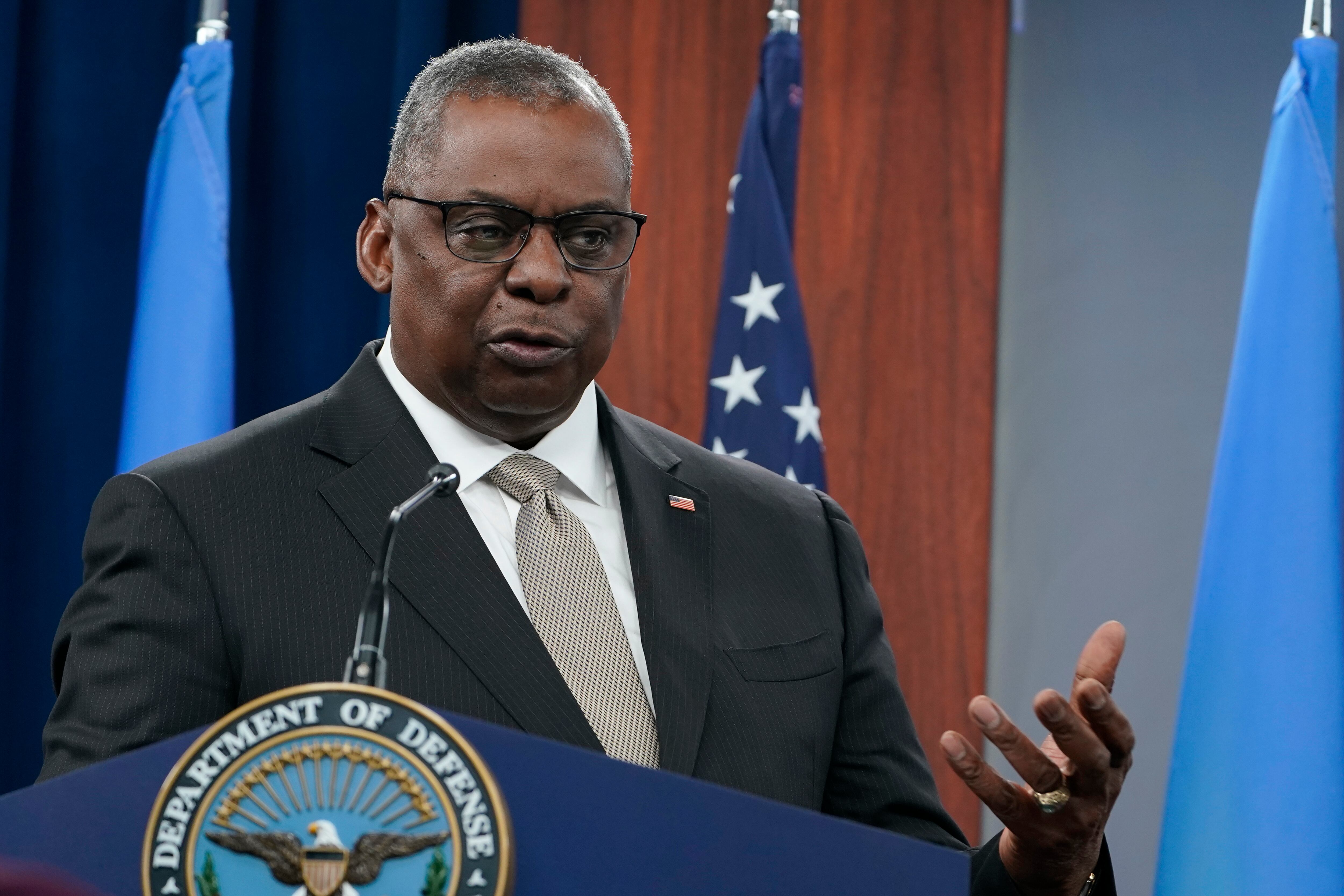 Defense Secretary Lloyd Austin speaks during a briefing at the Pentagon in Washington, Nov. 16, 2022.