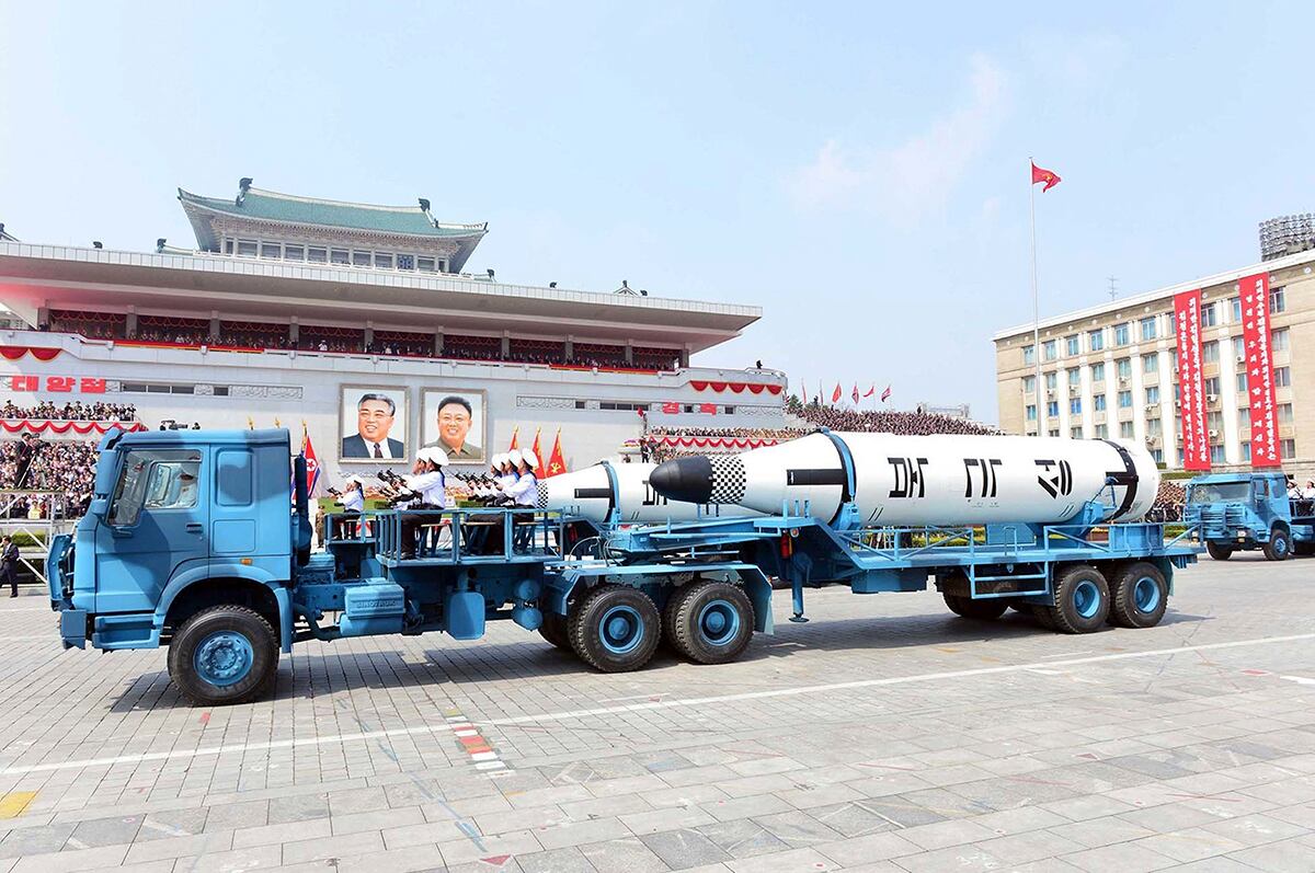 In this April 15, 2017, file photo, Polaris submarine launched ballistic missiles (SLBM) are paraded to celebrate the 105th birthday of Kim Il Sung, the country's late founder, in Pyongyang, North Korea.