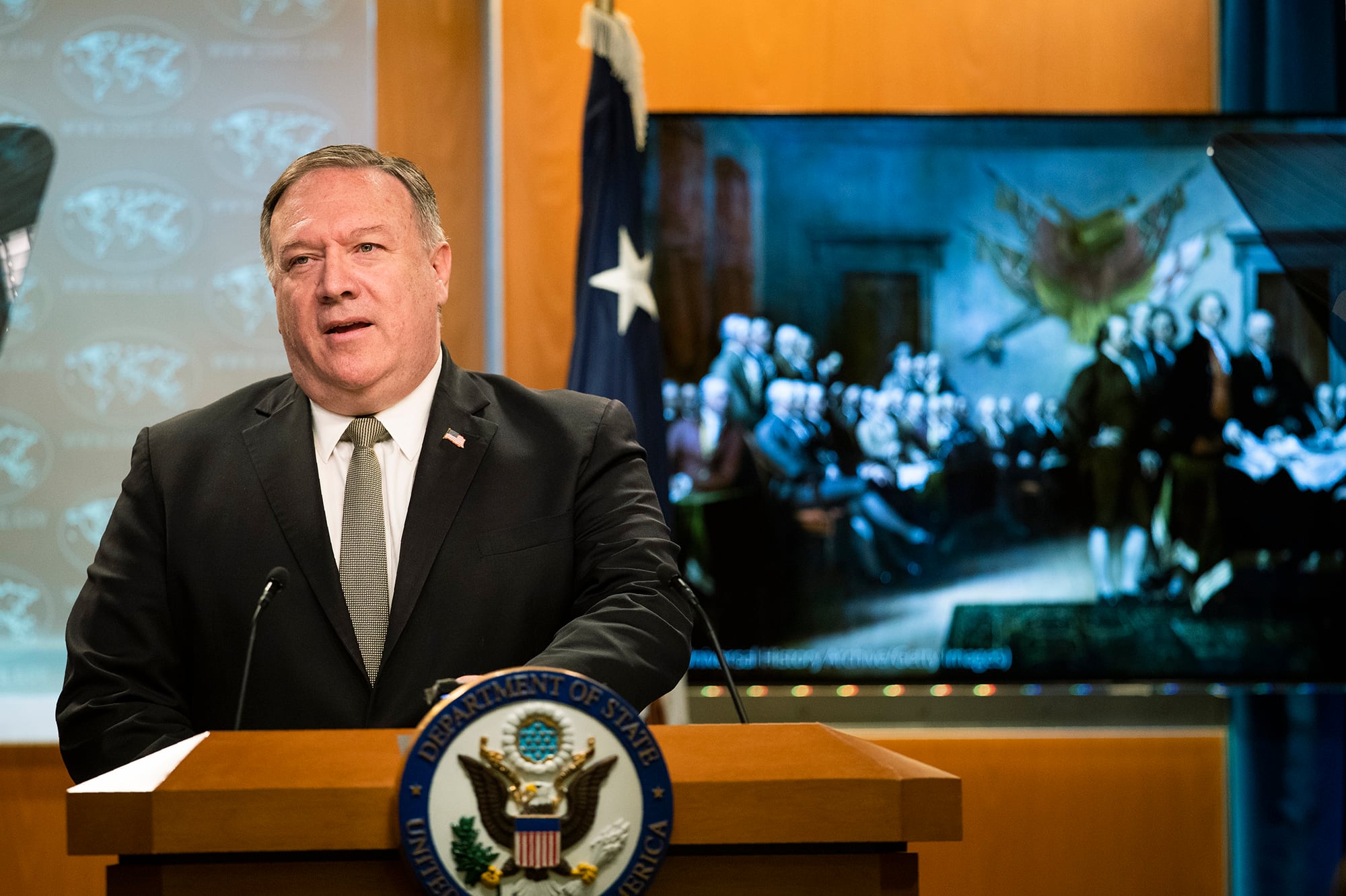 Secretary of State Mike Pompeo, speaks during a news conference at the State Department on July 1, 2020, in Washington.