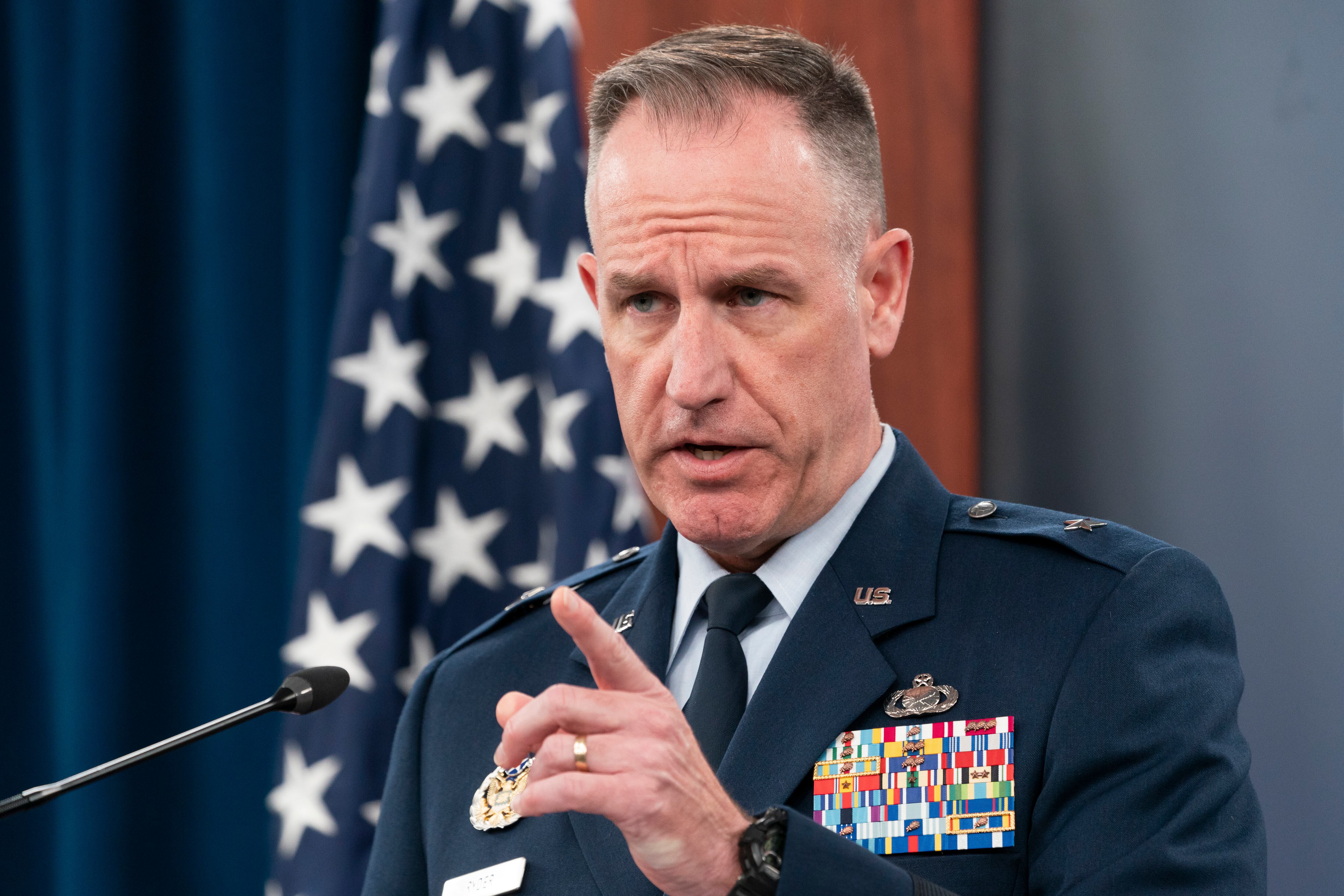 Pentagon spokesman U.S. Air Force Brig. Gen. Patrick Ryder speaks during a media briefing at the Pentagon, Tuesday, Sept. 27, 2022, in Washington.
