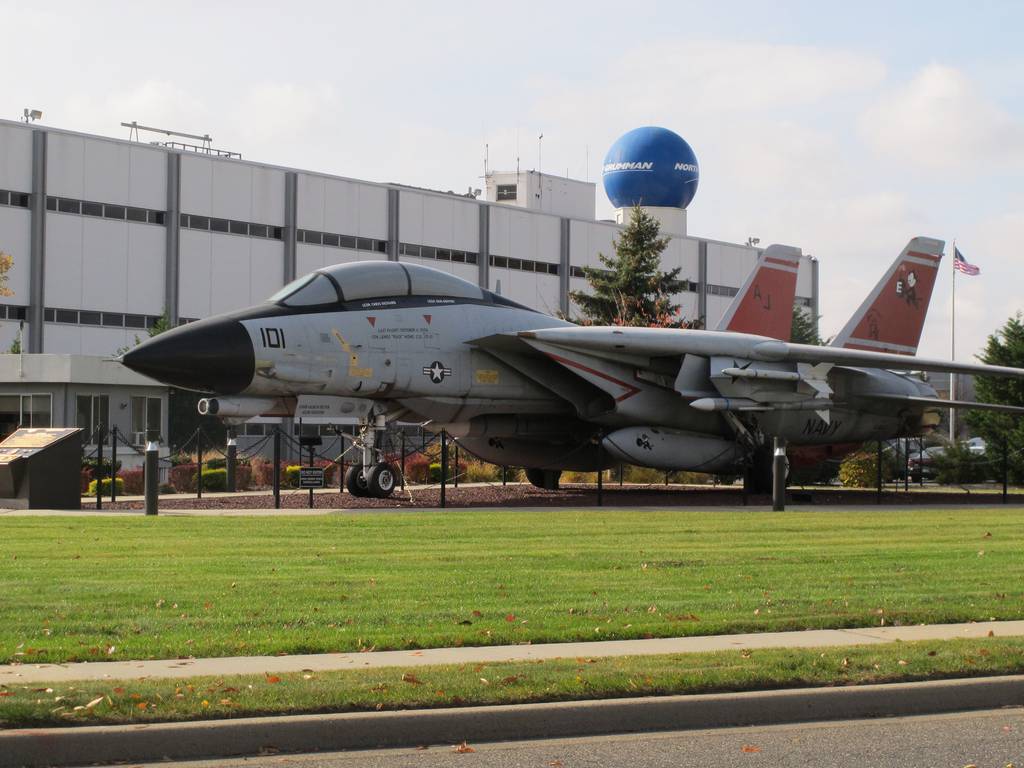 This Nov. 11, 2014, file photo shows a model of a fighter jet outside former Grumman Corp. plant in Bethpage, N.Y.