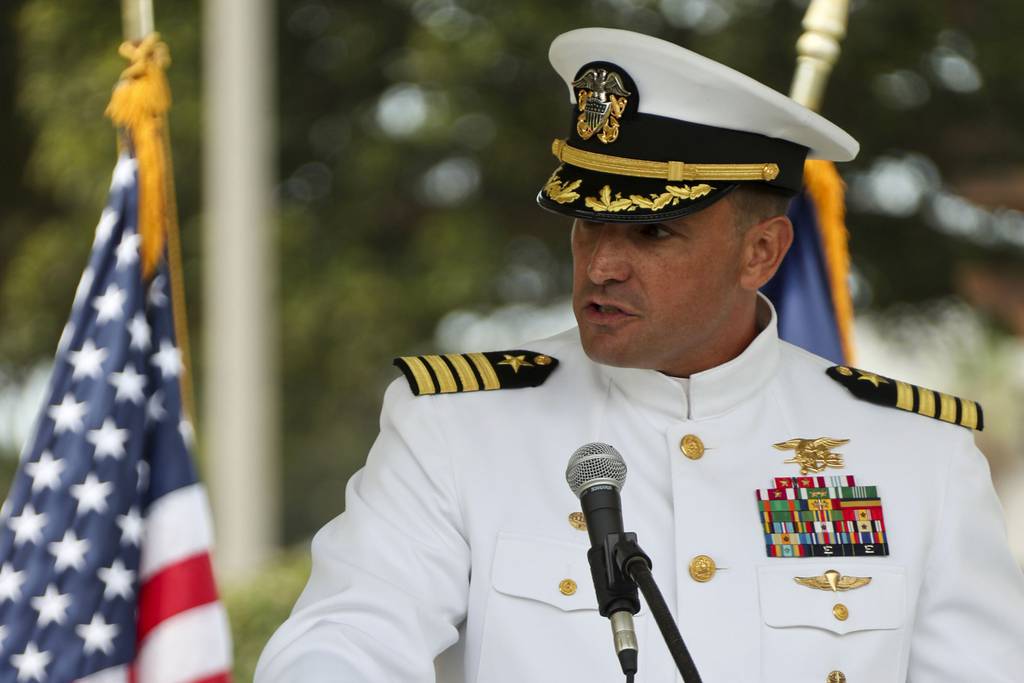 In this image provided by the U.S. Navy, Capt. Brian Drechsler, commanding officer, Naval Special Warfare Center, speaks during a change of command ceremony at Naval Amphibious Base Coronado, on July 23, 2021.