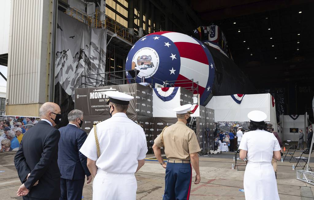 The Virginia-class submarine USS Montana, also known as SSN 794, is displayed during its christening ceremony on Saturday, Sept. 12, 2020, in Newport News, Va.