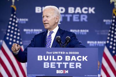 Democratic presidential candidate former Vice President Joe Biden speaks at a campaign event at the William "Hicks" Anderson Community Center in Wilmington, Del., Tuesday, July 28, 2020.
